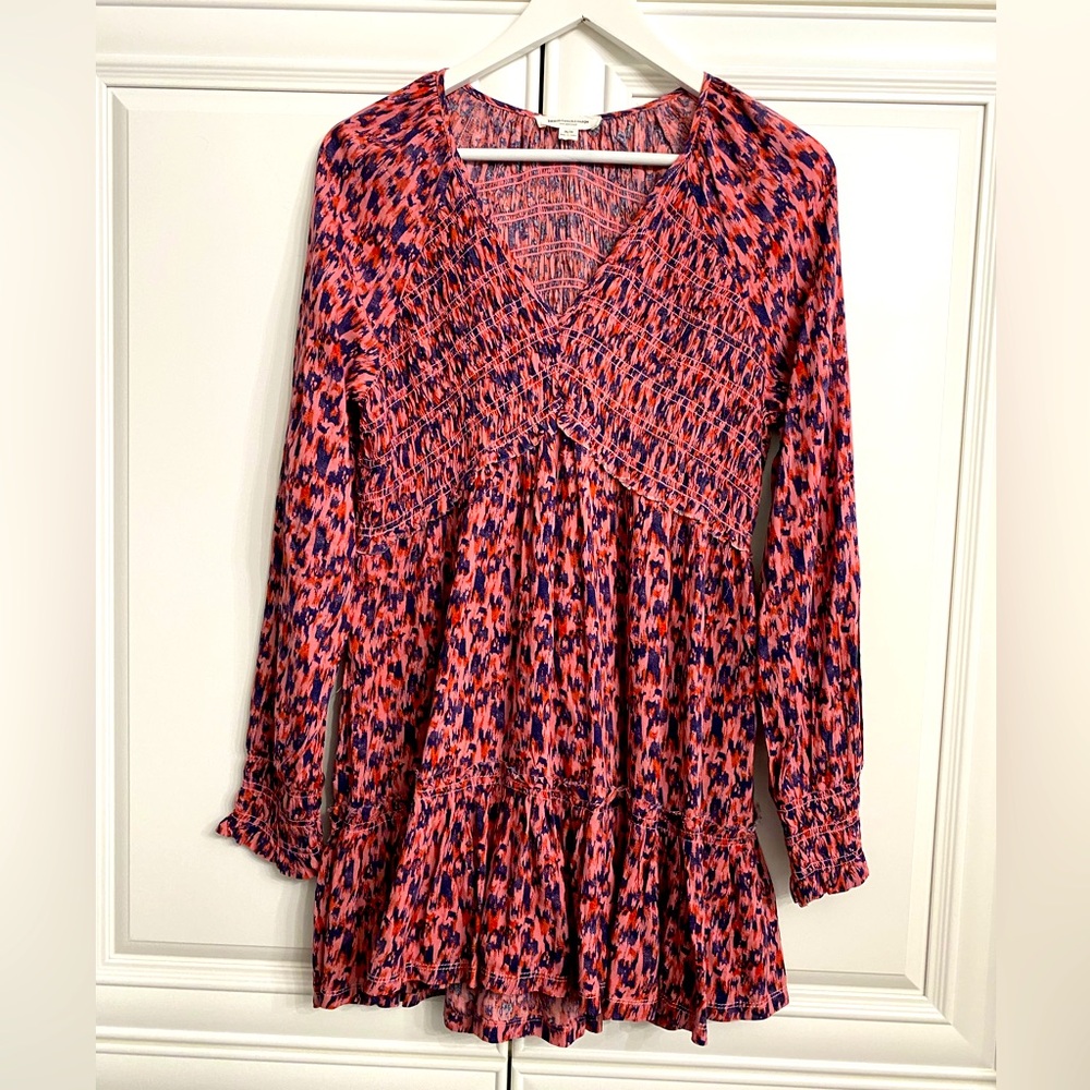 Beachlunchlounge Women’s Sz Medium Boho Long Sleeve V Neck Smocked Top Navy Pink